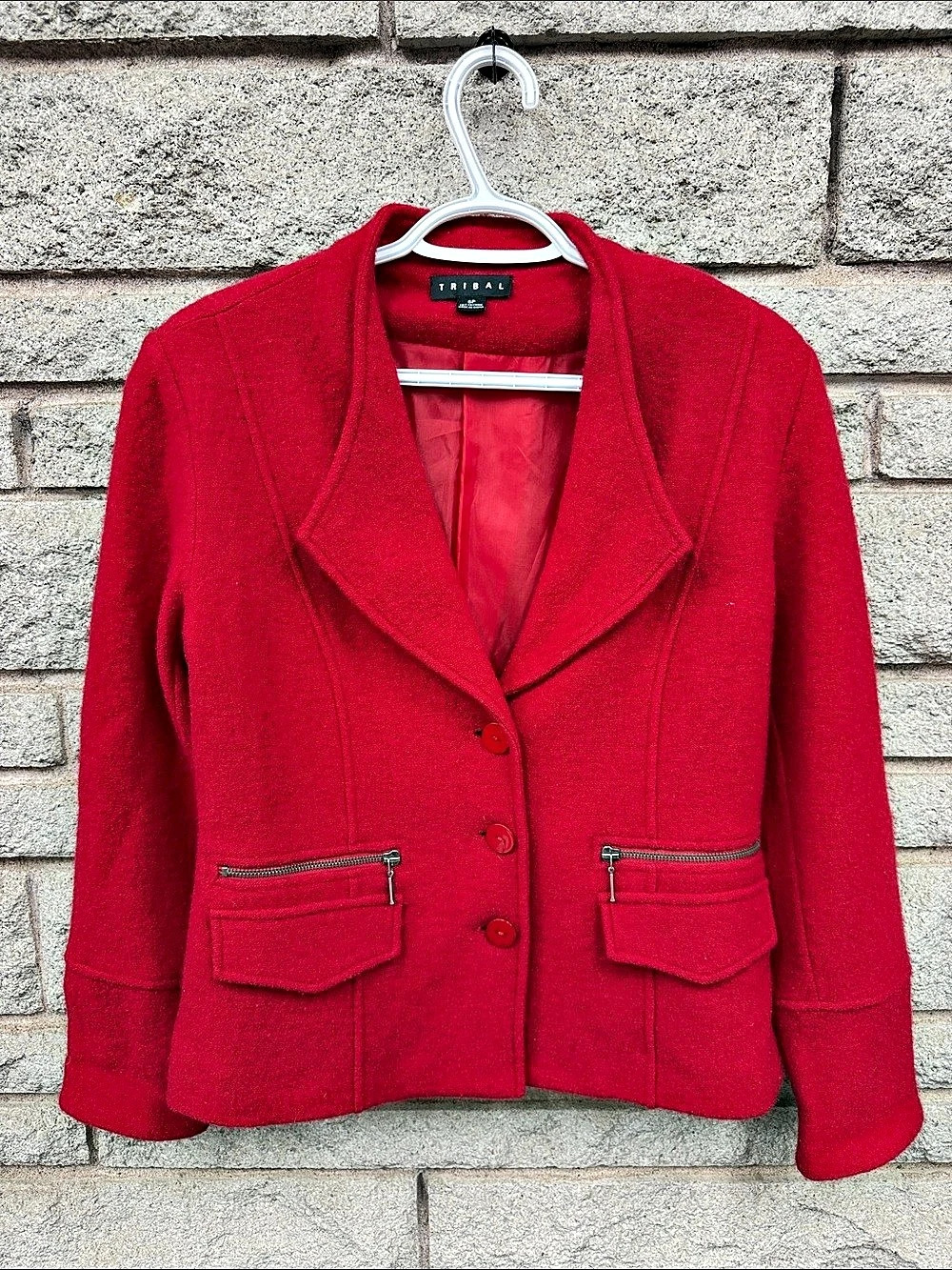 Tribal Red Wool Blend Tailored Blazer Jacket Size 6P Petite Zip Pockets
